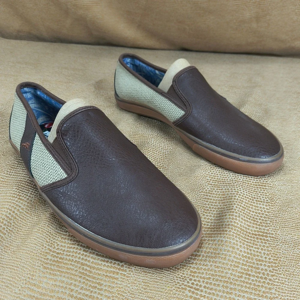 Tommy Bahama Mens Brown PU Leather Textile Slip‎ On Loafers Shoes TB7F00149 10.5
